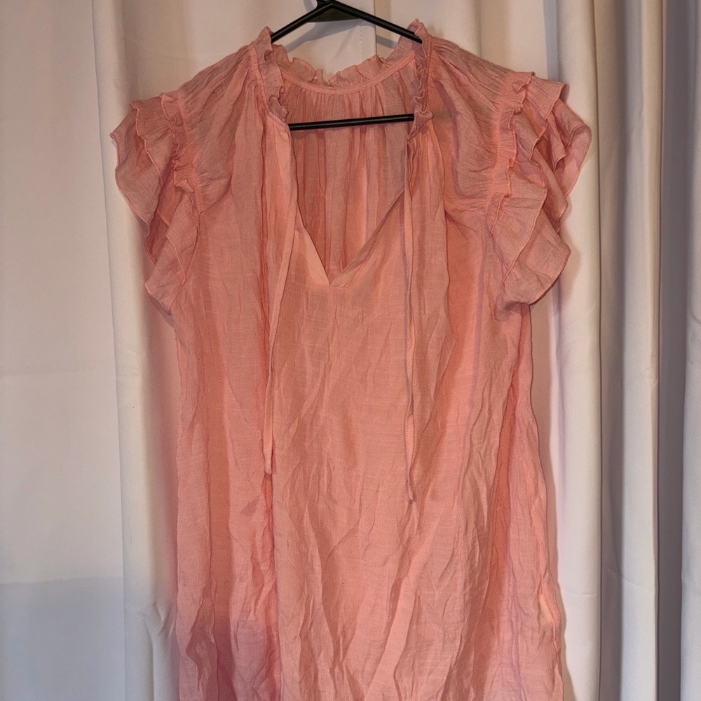 Light Pink Ruffled Sleeve V-Neck Women's Top